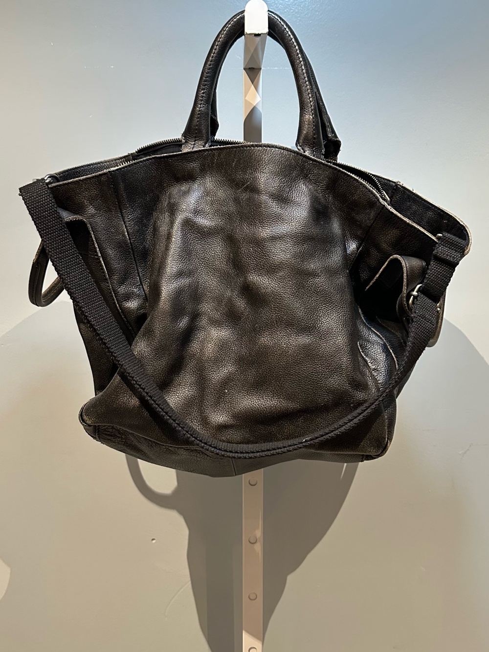 Free People Leslie Leather Tote in Distressed Black Overnight Bag - Picture 2 of 14